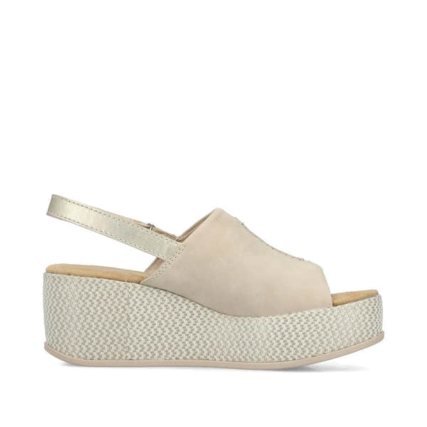 Rieker 69460-62 women's beige and pale gold sling back platform sandals with a textured wedge sole.