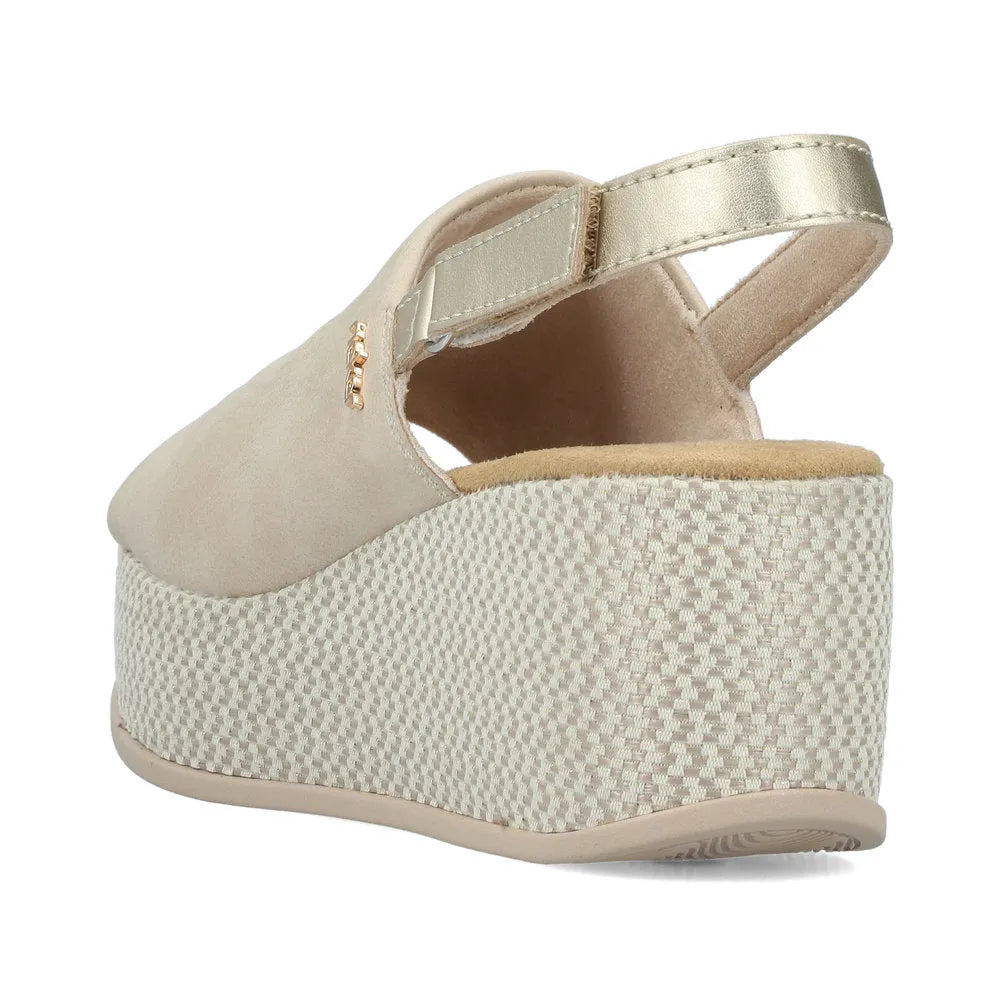 Rieker 69460-62 women's beige and pale gold sling back platform sandals with textured wedge heel.