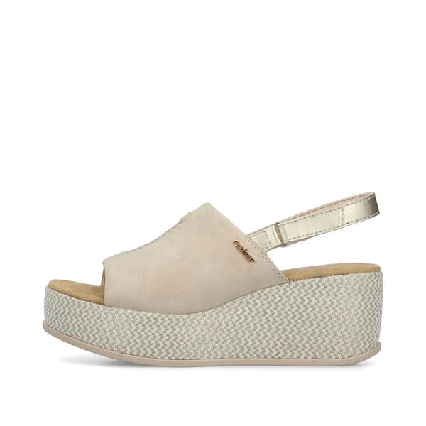 Rieker 69460-62 women's beige and pale gold slingback platform sandals with a textured wedge sole and adjustable strap.
