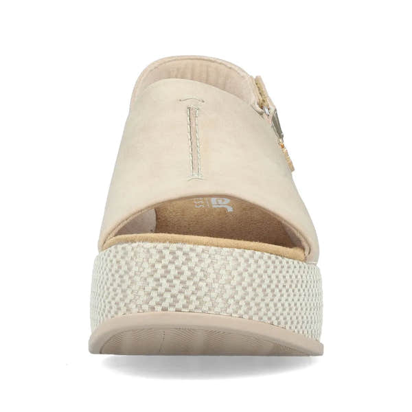 Rieker 69460-62 women's beige and pale gold slingback sandals with platform wedge sole.