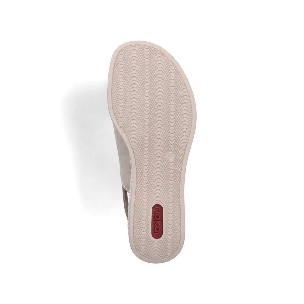 Rieker 69460-62 ladies beige/pale gold slingback sandals with cushioned sole and slip-on design.