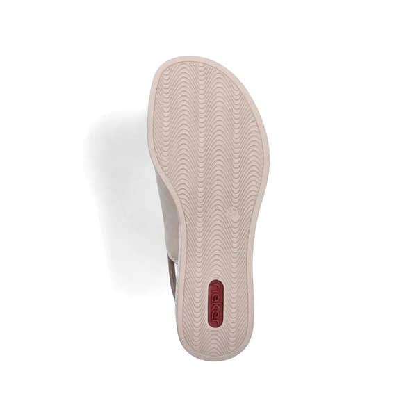 Rieker 69460-62 ladies beige/pale gold slingback sandals with cushioned sole and slip-on design.
