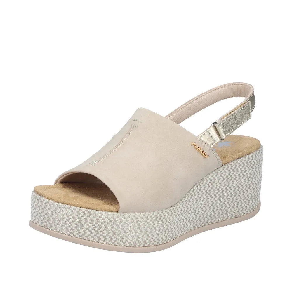 Rieker 69460-62 women's beige and pale gold slingback wedge sandals with textured platform sole and adjustable strap.