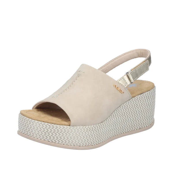 Rieker 69460-62 women's beige and pale gold slingback wedge sandals with textured platform sole and adjustable strap.