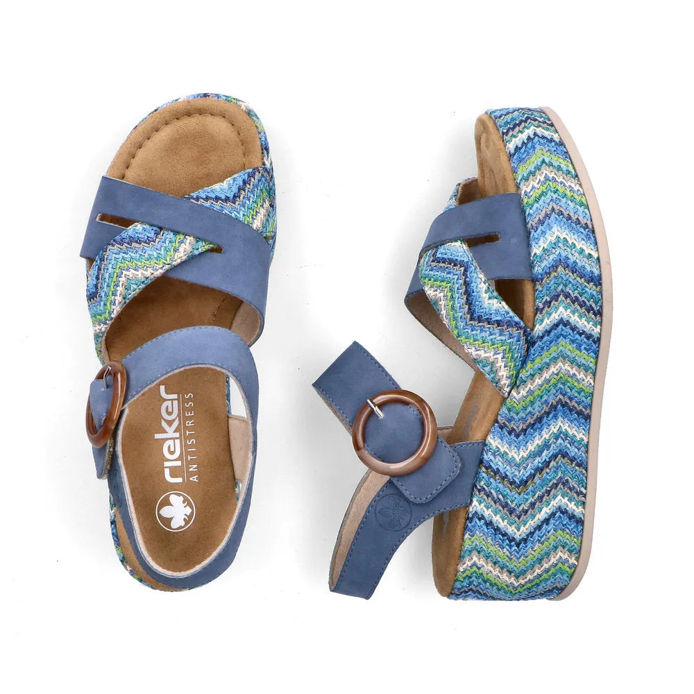 Rieker 69469-14 women's navy touch fastening sandals with zigzag patterned straps and cushioned footbed.