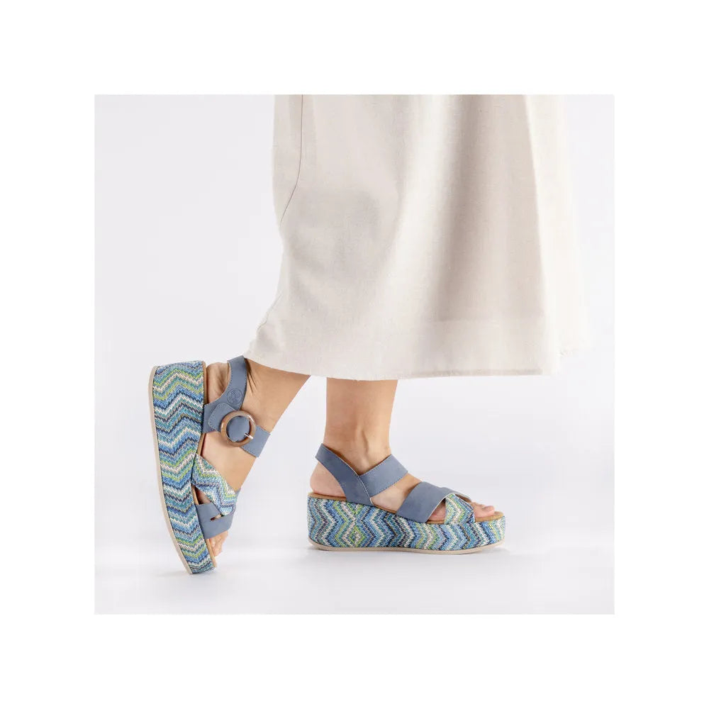 Rieker 69469-14 women's navy touch-fastening sandals with colorful woven platform wedges and adjustable straps.