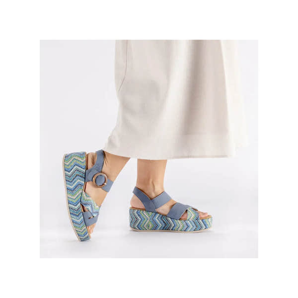 Rieker 69469-14 women's navy touch-fastening sandals with colorful woven platform wedges and adjustable straps.