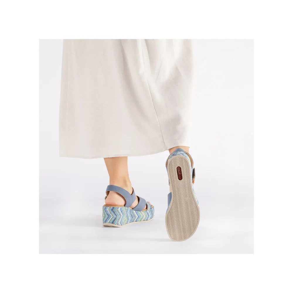 Rieker 69469-14 women's navy touch fastening sandals with cushioned sole and colorful zigzag platform wedge heel.