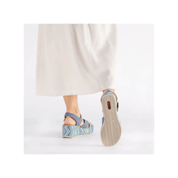 Rieker 69469-14 women's navy touch fastening sandals with cushioned sole and colorful zigzag platform wedge heel.