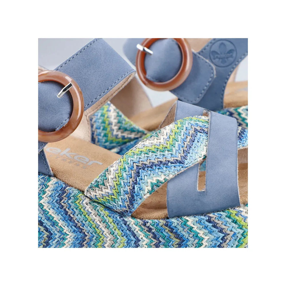 Rieker 69469-14 women's navy touch fastening sandals with multicolored woven fabric and circular orange-brown buckle details.