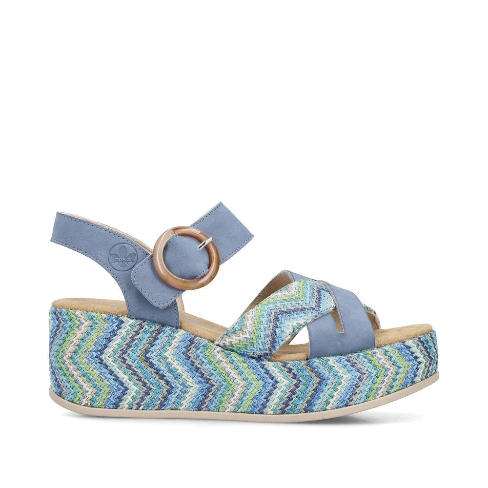 Rieker 69469-14 Ladies Navy Touch Fastening Wedge Sandals with zigzag patterned multicolor wedge heel.