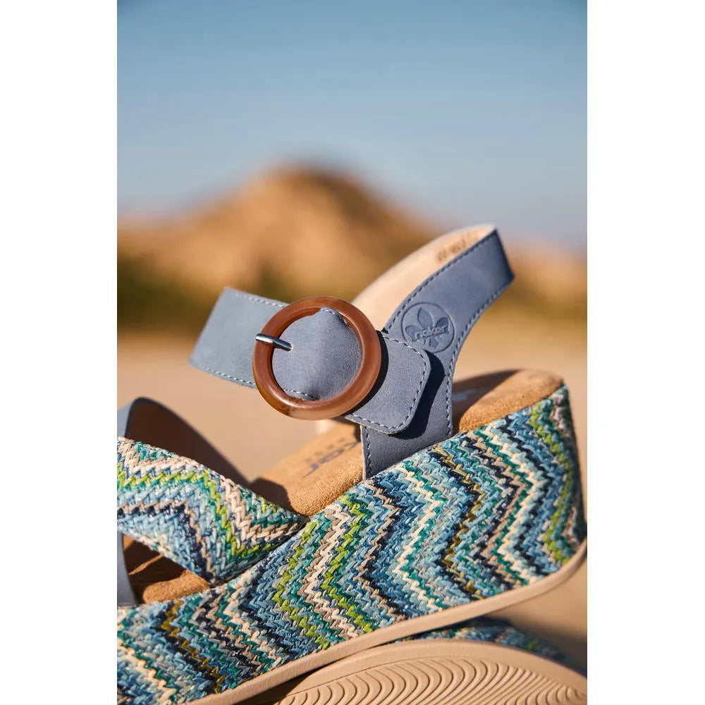 Rieker 69469-14 women's navy touch fastening sandals with colorful woven heel detail and adjustable strap.