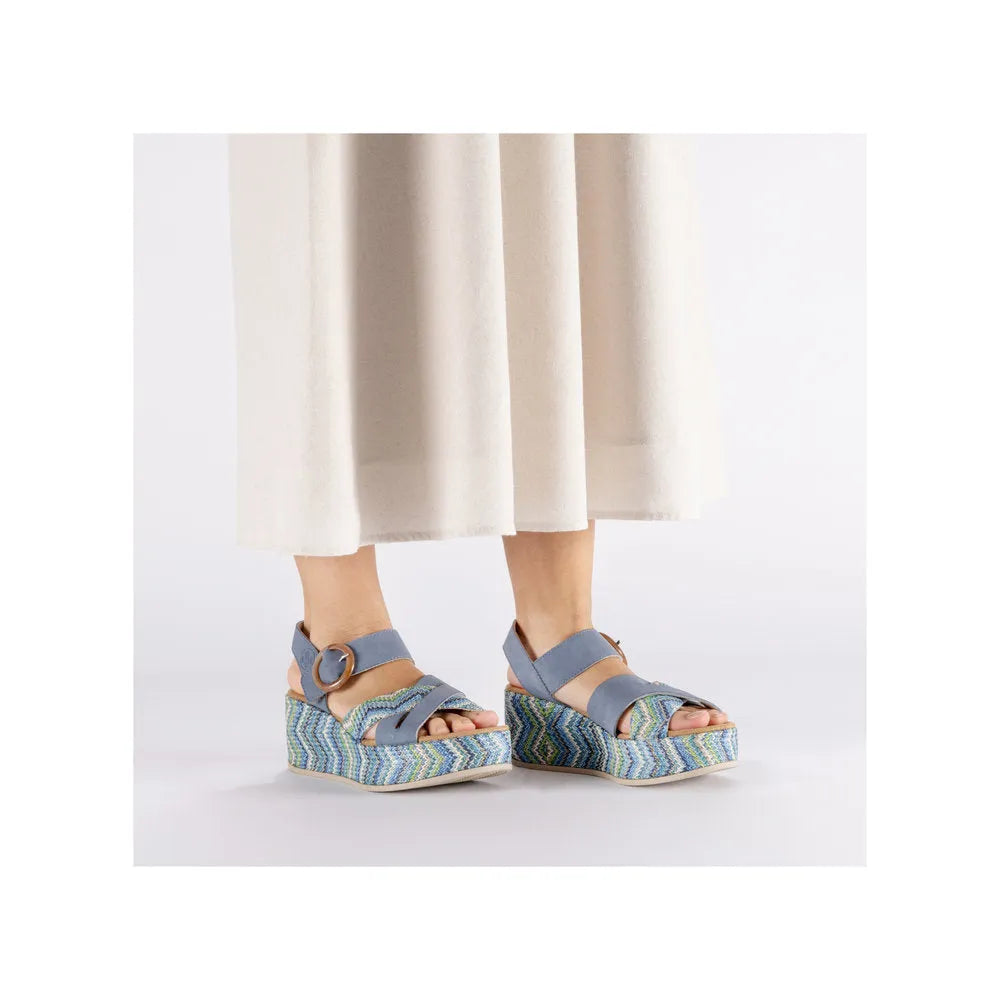 Rieker 69469-14 navy touch fastening ladies' platform wedge sandals with colorful zigzag patterned soles.