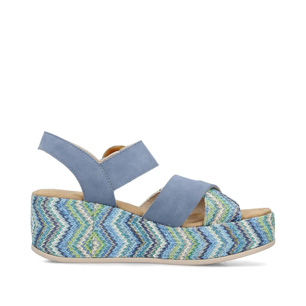 Rieker 69469-14 Ladies Navy Touch Fastening Sandals with zigzag patterned wedge sole and adjustable straps.
