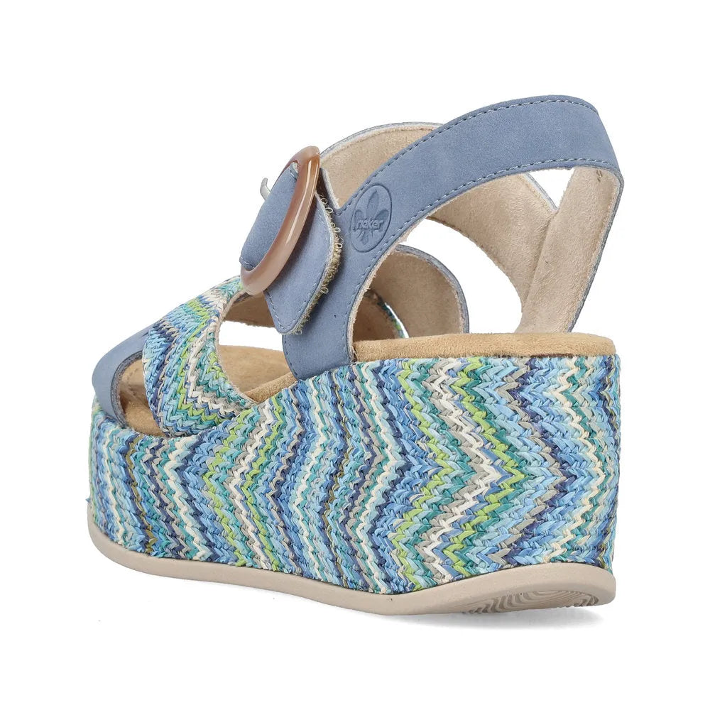Rieker 69469-14 women's navy touch fastening wedge sandals with multicolor woven platform and adjustable strap.