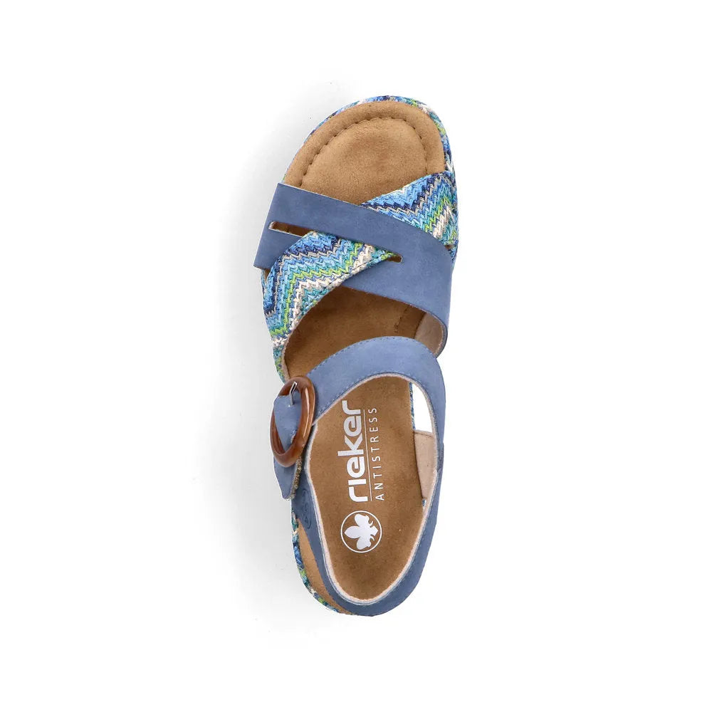 Rieker 69469-14 ladies navy touch fastening sandals with patterned fabric and adjustable strap for comfort.