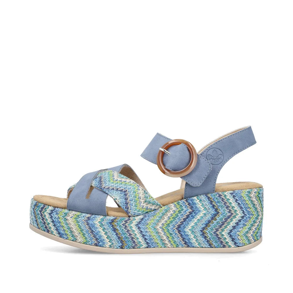 Rieker 69469-14 women's navy touch fastening platform sandals with multicolor zigzag patterned sole and ankle strap.
