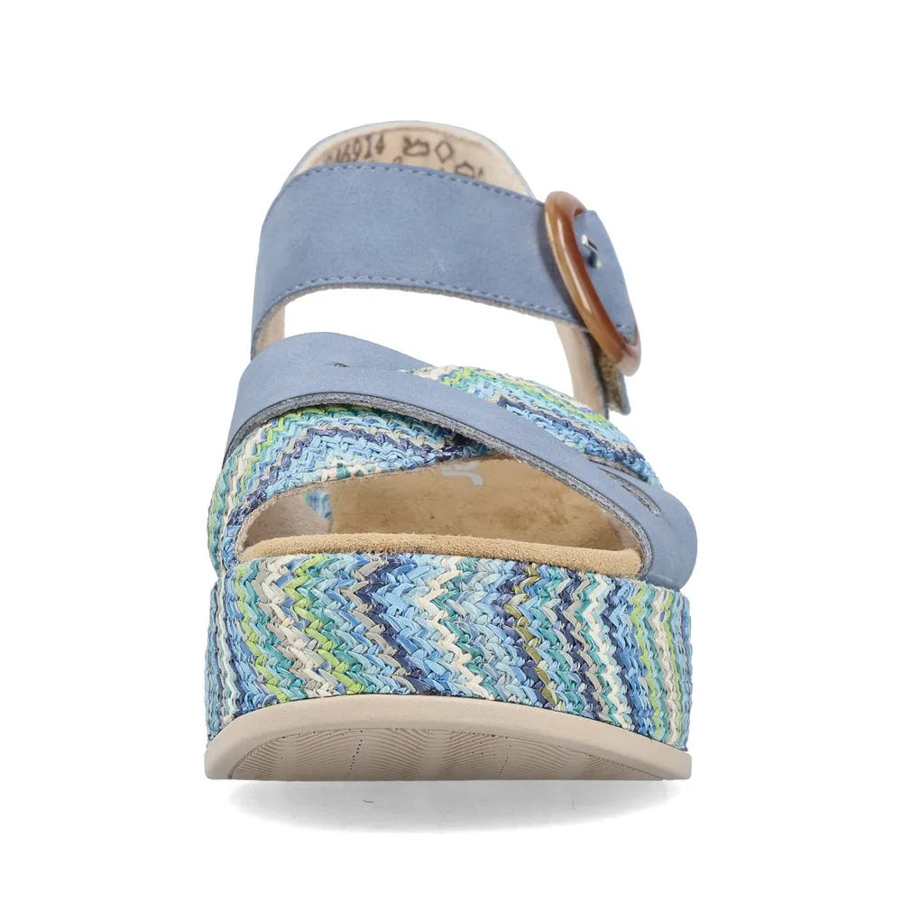 Rieker 69469-14 women's navy touch fastening sandals with multicolored woven platform and adjustable strap.