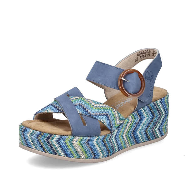 Rieker 69469-14 women's navy touch fastening wedge sandals with multicolor woven platform and adjustable ankle strap.