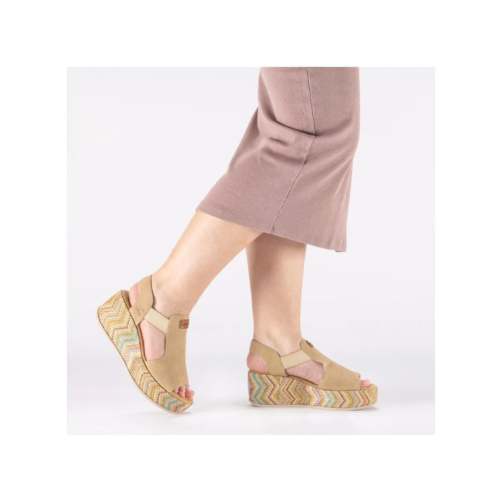Rieker 69472-60 beige elasticated ladies sandals with colorful zigzag patterned wedge soles.