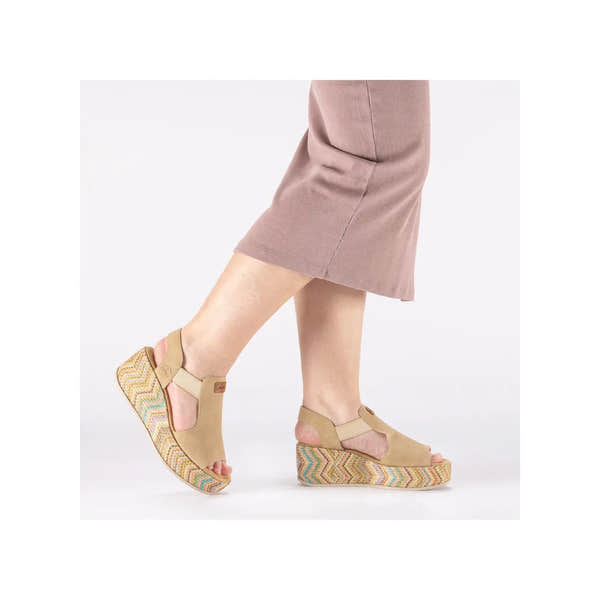 Rieker 69472-60 beige elasticated ladies sandals with colorful zigzag patterned wedge soles.