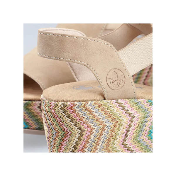 Rieker 69472-60 women's beige elasticated wedge sandals with woven multicolor platform for summer wear.
