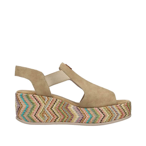Rieker 69472-60 beige ladies elasticated wedge sandals with multicolored woven platform sole.
