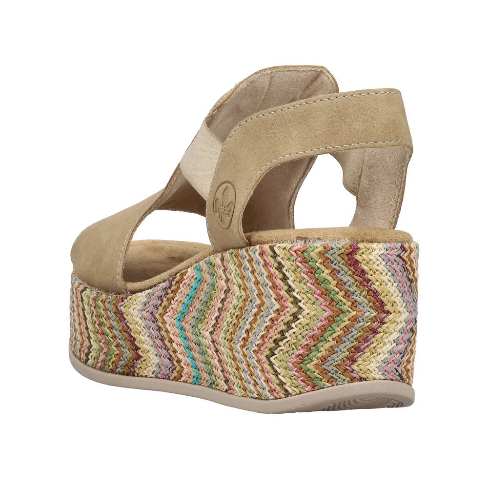 Rieker 69472-60 women's beige elasticated platform sandals with colorful woven wedge heel.