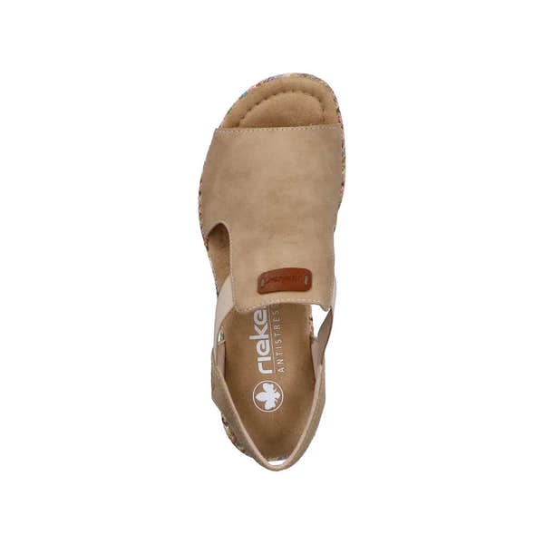 Rieker 69472-60 ladies beige elasticated slip-on sandals with floral accents and cushioned insoles.