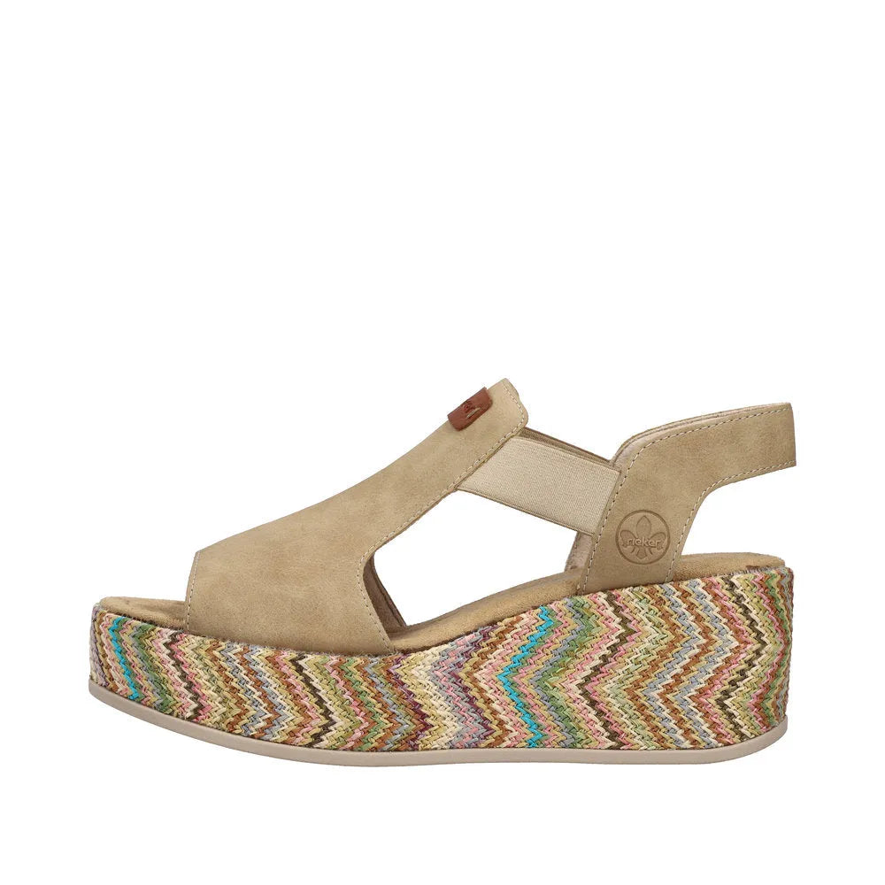 Rieker 69472-60 women's beige elasticated wedge sandals with colorful woven platform sole.