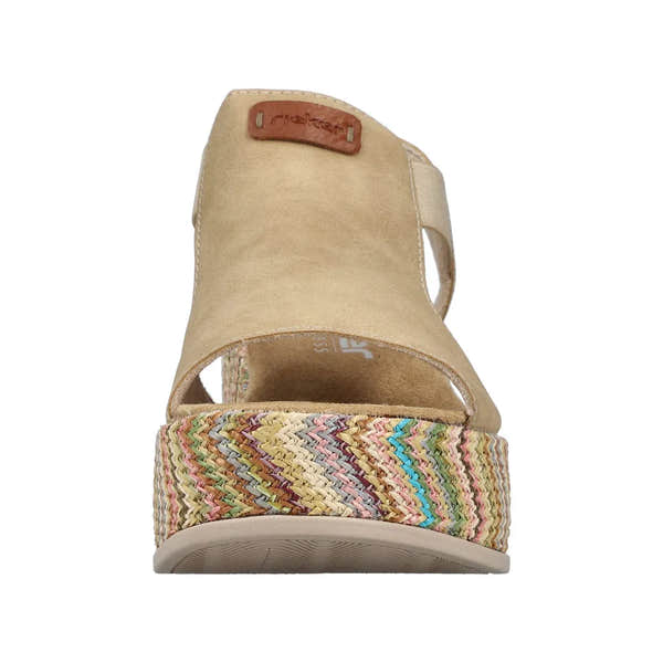 Rieker 69472-60 women's beige elasticated platform sandals with colorful woven wedge sole.