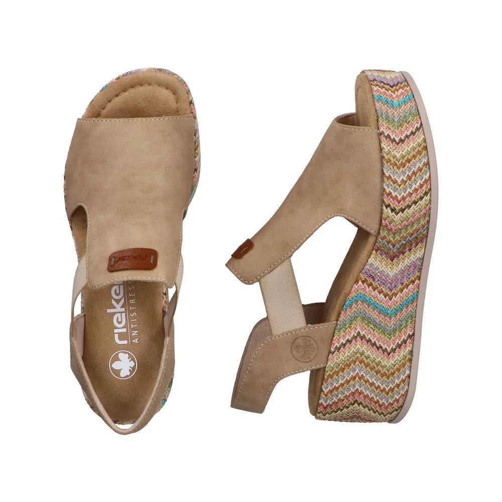 Rieker 69472-60 beige elasticated ladies sandals with colorful zigzag patterned wedge sole.