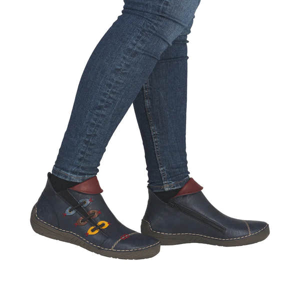 Rieker 72581-14 women's blue ankle boots with side zipper and decorative lace-up detail, stylish and comfortable footwear.