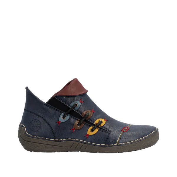 Rieker 72581-14 women's blue ankle boots with side zipper, multicolor lace-up design, casual slip-on style, and cushioned sole.