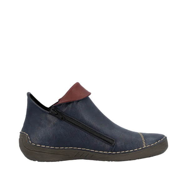 Rieker 72581-14 women's ankle boots, blue leather with side zipper and contrasting red detail, comfortable slip-on design.