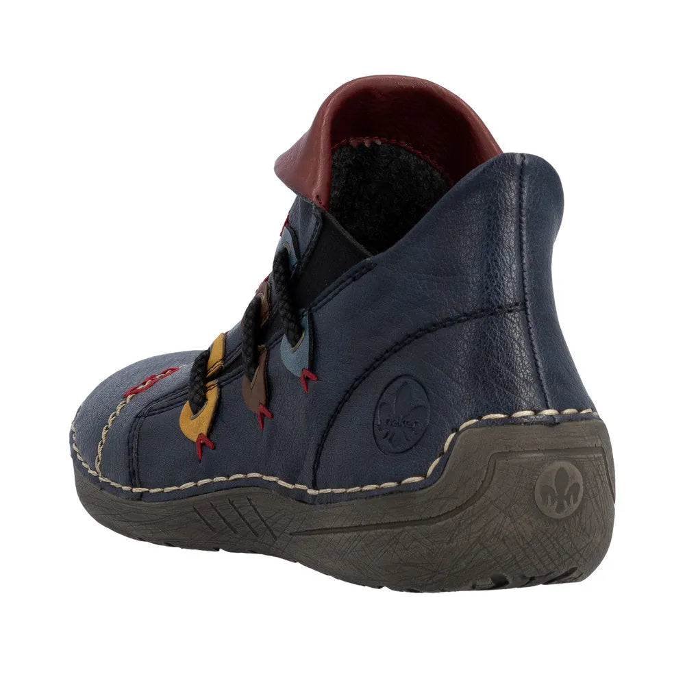 Rieker 72581-14 ladies blue ankle boots with side zip, leather upper, textured sole, and colorful lacing details.