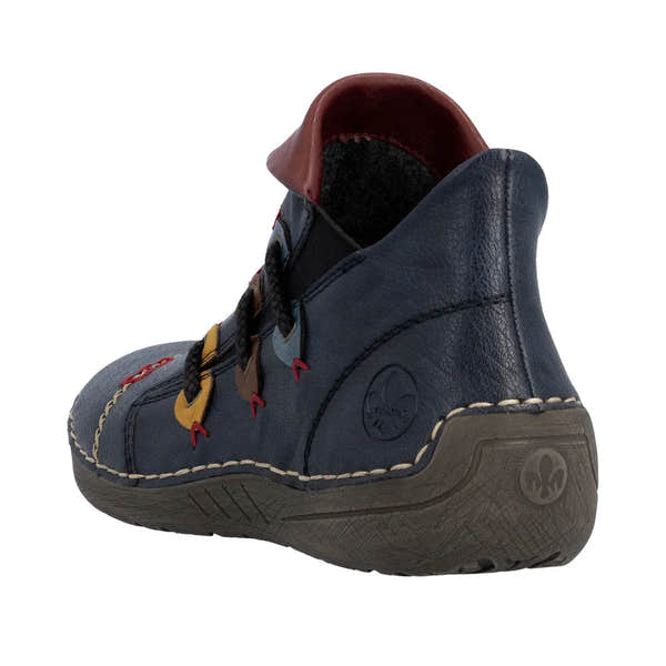 Rieker 72581-14 ladies blue ankle boots with side zip, leather upper, textured sole, and colorful lacing details.