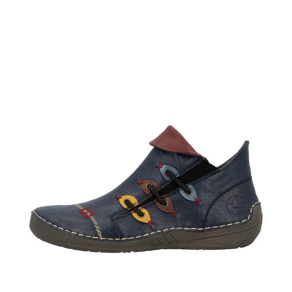 Rieker 72581-14 Ladies blue ankle boots with side zipper, multi-colored eyelet details, and stitching accents.