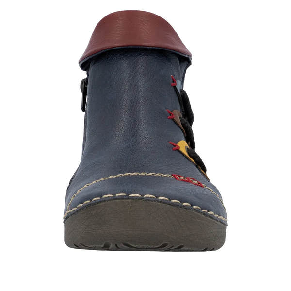 Rieker 72581-14 women's blue ankle boots with side zipper, leather upper, and rugged sole.