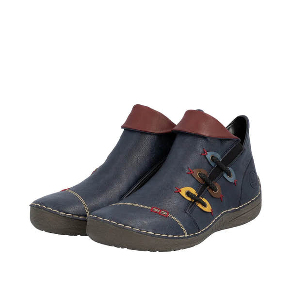 Rieker 72581-14 women's blue ankle boots with side zipper, colorful lace-up detail, and brown collar, casual slip-on style.
