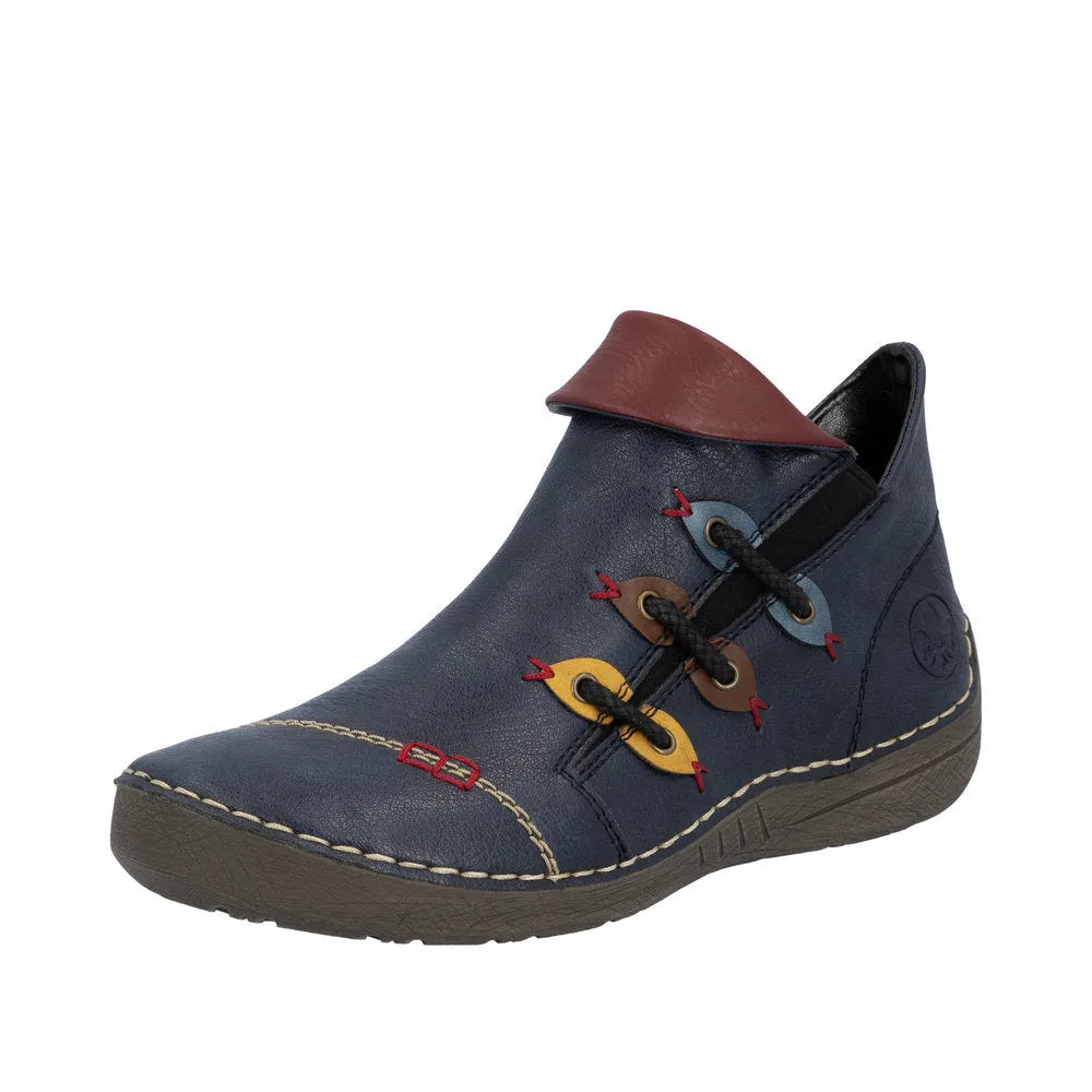 Rieker 72581-14 women's blue ankle boots with side zipper, colorful lace eyelets, and contrasting brown and red accents.