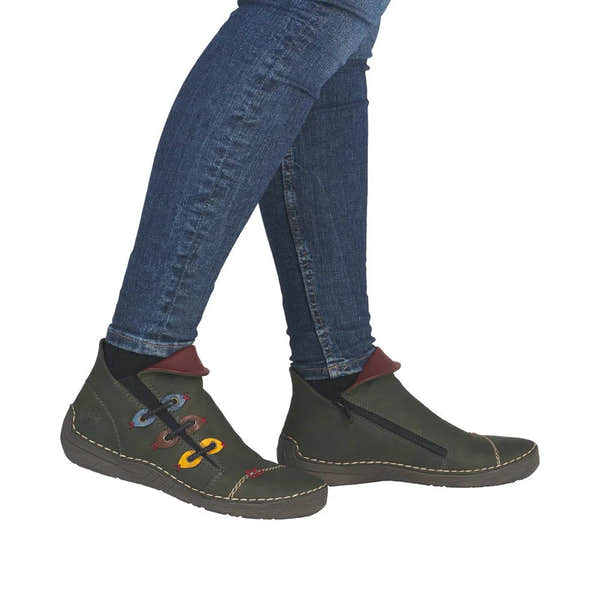 Rieker 72581-54 women's green ankle boots with side zipper and colorful lace detailing, stylish and comfortable footwear.