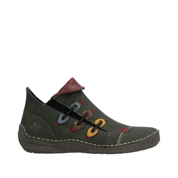 Rieker 72581-54 women's green ankle boots with side zipper, colorful eyelets, and textured rubber sole.