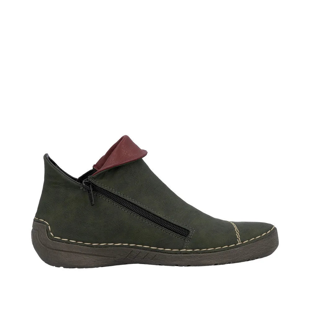 Rieker 72581-54 women's green side zip ankle boots with contrasting red interior and cushioned sole, casual slip-on design.