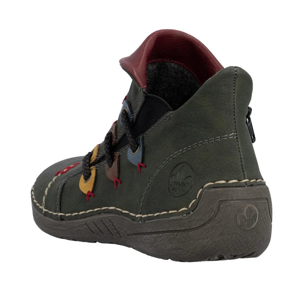 Rieker 72581-54 women's green ankle boots with side zipper, cushioned sole, and multicolor laces for casual wear.