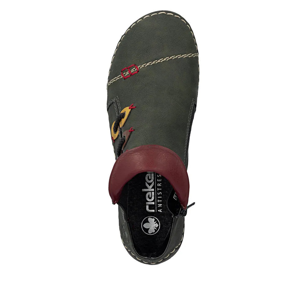 Rieker 72581-54 women's green ankle boots with side zipper, cushioned collar, embroidered details, and anti-stress sole.