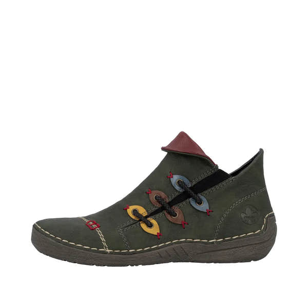 Rieker 72581-54 women's green ankle boots with side zip, colorful eyelet details, and comfortable rubber sole.