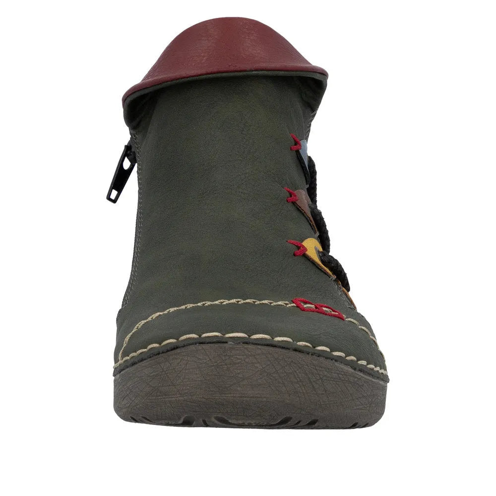 Rieker 72581-54 ladies green ankle boots with side zipper, lace-up front, durable sole, and stylish design.