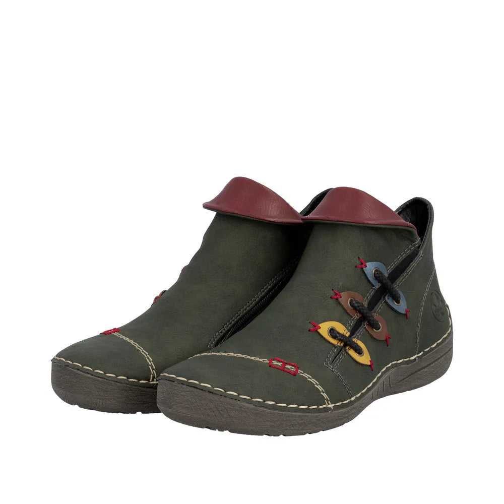 Rieker 72581-54 women's green ankle boots with side zipper, colorful lace-up design, cushioned sole, and red accent details.