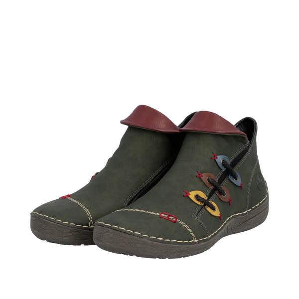 Rieker 72581-54 women's green ankle boots with side zipper, colorful lace-up design, cushioned sole, and red accent details.